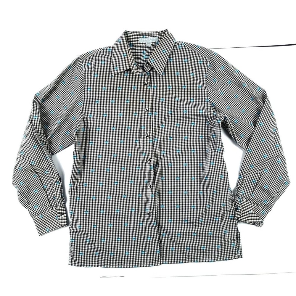 Foxcroft Long Sleeve Black Check Blouse 8 Classic Fit Top Wrinkle Free Button Up
